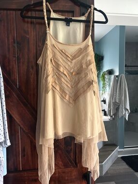 Beige Layered Chiffon High-Low Tank with Braided Straps